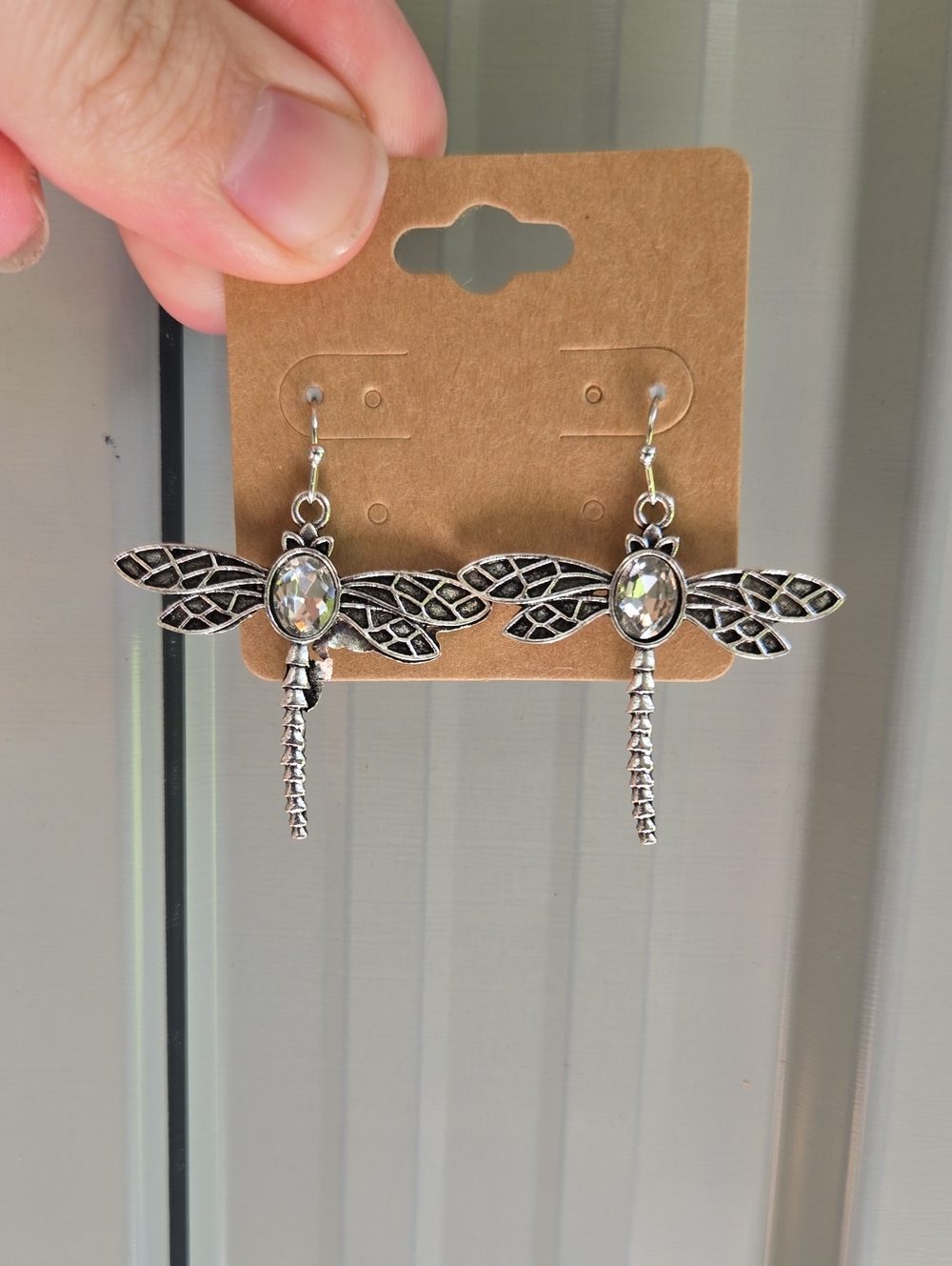 Silver Dragonfly Dangle Earrings with Crystal Accent - Women Jewelry